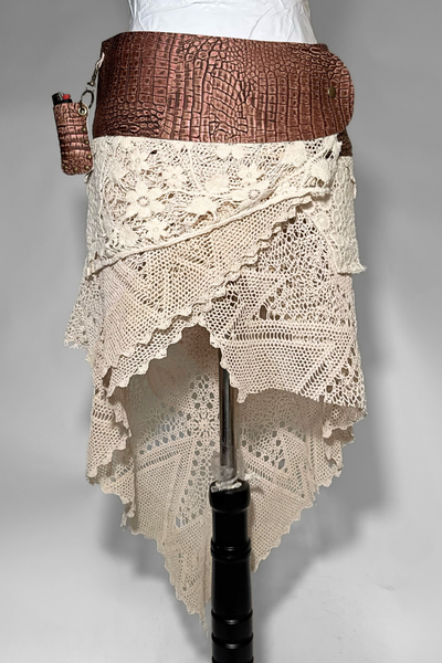 Load image into Gallery viewer, BELTED SKIRT — BRONZE CROC / ANTIQUE LAYERED CROCHET 02