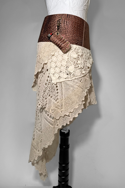Load image into Gallery viewer, BELTED SKIRT — BRONZE CROC / ANTIQUE LAYERED CROCHET 02