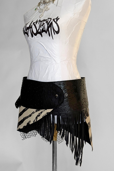 Load image into Gallery viewer, BELTED SKIRT — BLACK CROC / ZEBRA LEATHER
