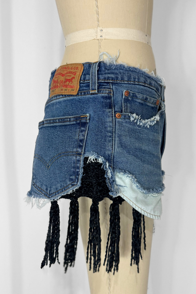 Load image into Gallery viewer, DENIM KNIT MINI- VELVET FRINGE (Size 29)