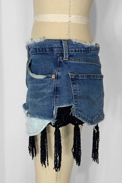 Load image into Gallery viewer, DENIM KNIT MINI- VELVET FRINGE (Size 29)