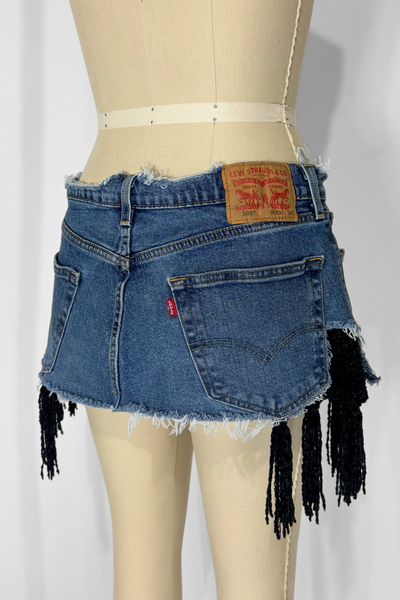 Load image into Gallery viewer, DENIM KNIT MINI- VELVET FRINGE (Size 29)