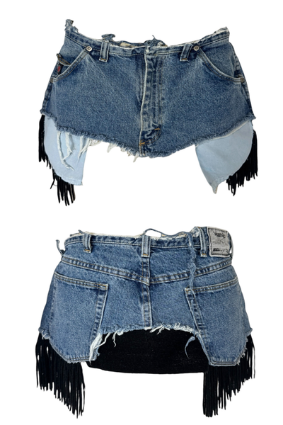 Load image into Gallery viewer, DENIM KNIT MINI- BLACK FRINGE (Size 28)