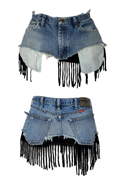 Load image into Gallery viewer, DENIM KNIT MINI- BLACK FRINGE (Size 29)