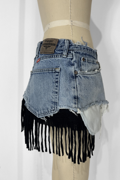 Load image into Gallery viewer, DENIM KNIT MINI- BLACK FRINGE (Size 29)