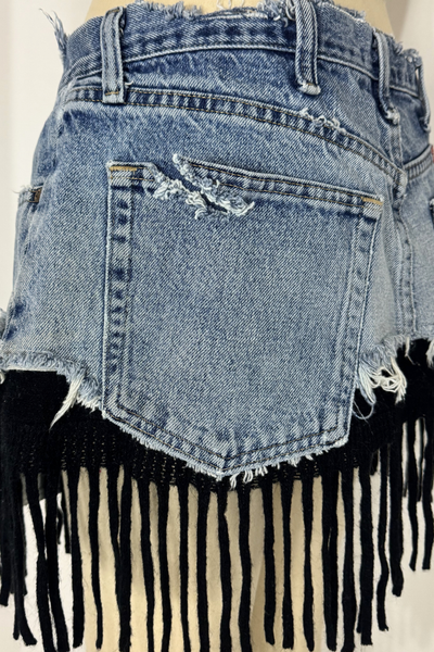 Load image into Gallery viewer, DENIM KNIT MINI- BLACK FRINGE (Size 29)