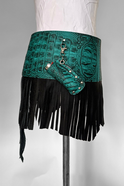 Load image into Gallery viewer, BELTED SKIRT — TEAL CROC / LEATHER FRINGE