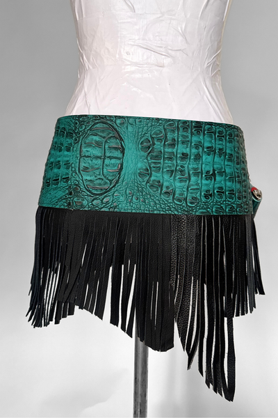 Load image into Gallery viewer, BELTED SKIRT — TEAL CROC / LEATHER FRINGE