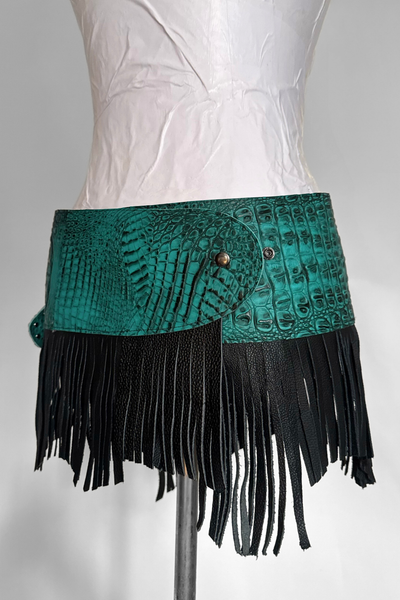 Load image into Gallery viewer, BELTED SKIRT — TEAL CROC / LEATHER FRINGE