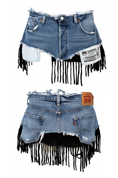 Load image into Gallery viewer, DENIM KNIT MINI- BLACK FRINGE (Size 30)