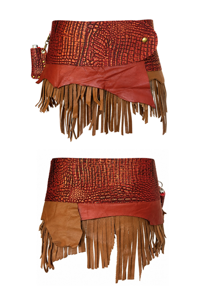Load image into Gallery viewer, BELTED SKIRT — RED CROC / LEATHER FRINGE