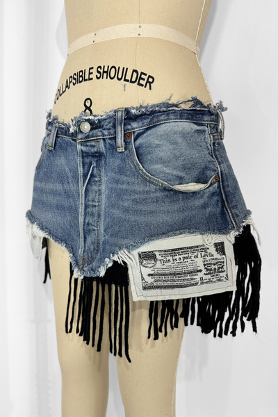 Load image into Gallery viewer, DENIM KNIT MINI- BLACK FRINGE (Size 30)