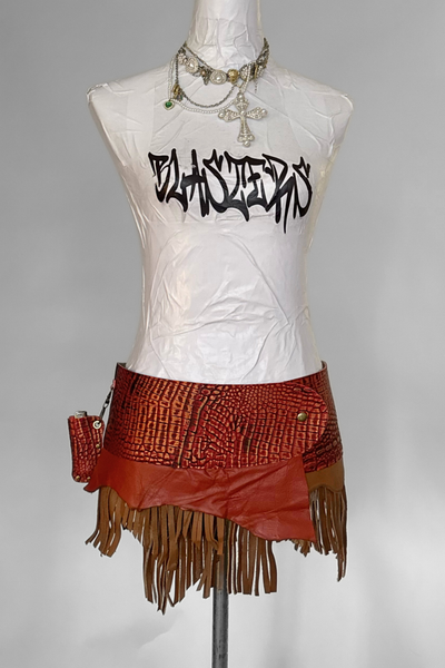 Load image into Gallery viewer, BELTED SKIRT — RED CROC / LEATHER FRINGE