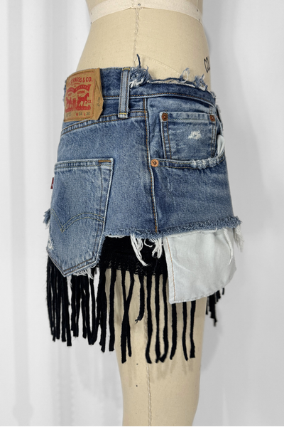 Load image into Gallery viewer, DENIM KNIT MINI- BLACK FRINGE (Size 30)