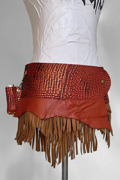 Load image into Gallery viewer, BELTED SKIRT — RED CROC / LEATHER FRINGE