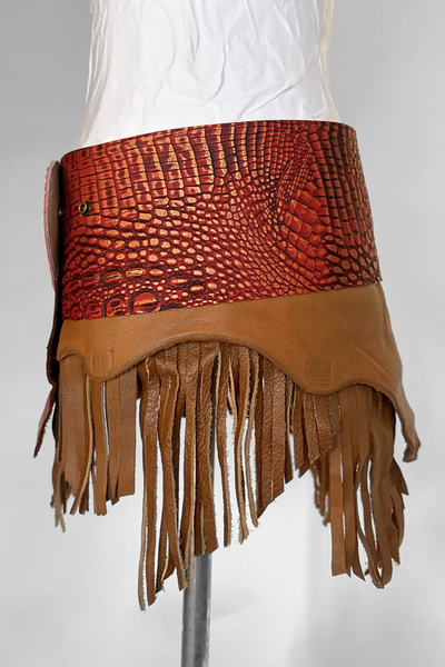 Load image into Gallery viewer, BELTED SKIRT — RED CROC / LEATHER FRINGE