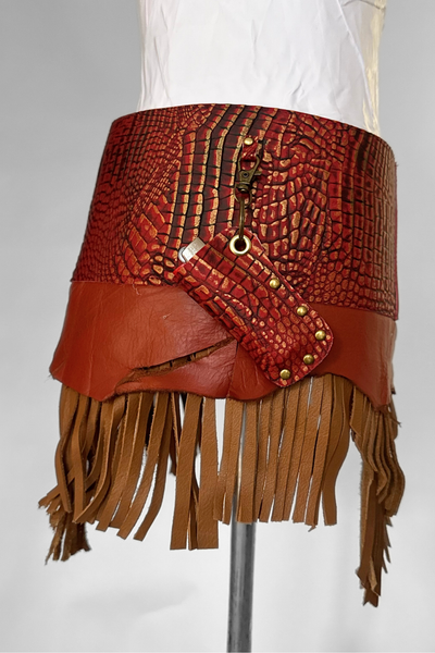 Load image into Gallery viewer, BELTED SKIRT — RED CROC / LEATHER FRINGE