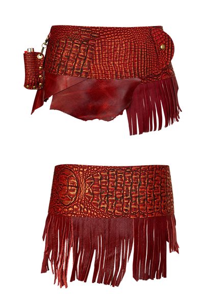Load image into Gallery viewer, BELTED SKIRT — RED CROC / LAYERED LEATHER