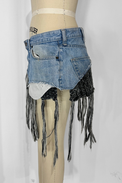 Load image into Gallery viewer, DENIM KNIT MINI- GRAY FRINGE (Size 30)