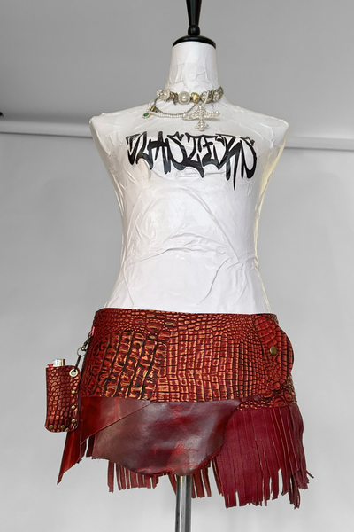 Load image into Gallery viewer, BELTED SKIRT — RED CROC / LAYERED LEATHER