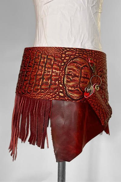 Load image into Gallery viewer, BELTED SKIRT — RED CROC / LAYERED LEATHER