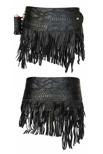 Load image into Gallery viewer, BELTED SKIRT — BLACK VIPER / LEATHER FRINGE