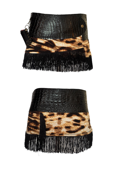 Load image into Gallery viewer, BELTED MINI — BLACK CROC / LEOPARD FRINGE