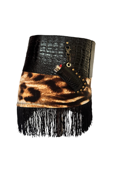 Load image into Gallery viewer, BELTED MINI — BLACK CROC / LEOPARD FRINGE
