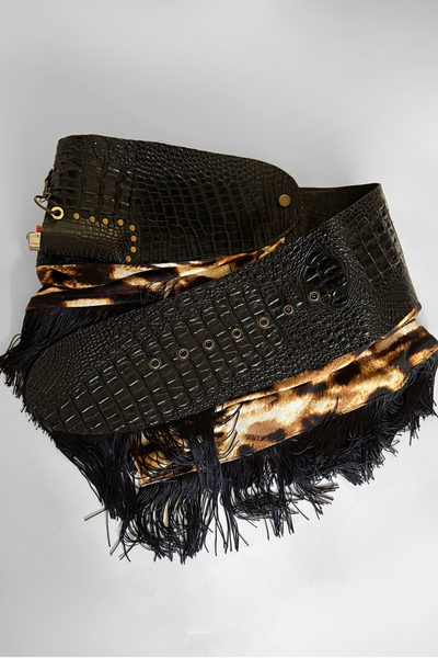 Load image into Gallery viewer, BELTED MINI — BLACK CROC / LEOPARD FRINGE