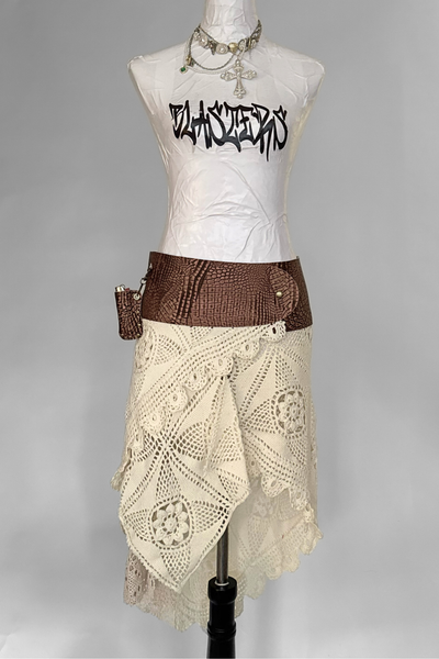 Load image into Gallery viewer, BELTED SKIRT — BRONZE CROC / ANTIQUE CROCHET