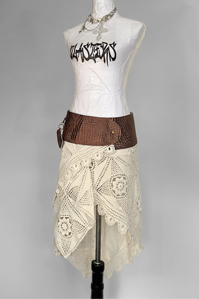 Load image into Gallery viewer, BELTED SKIRT — BRONZE CROC / ANTIQUE CROCHET