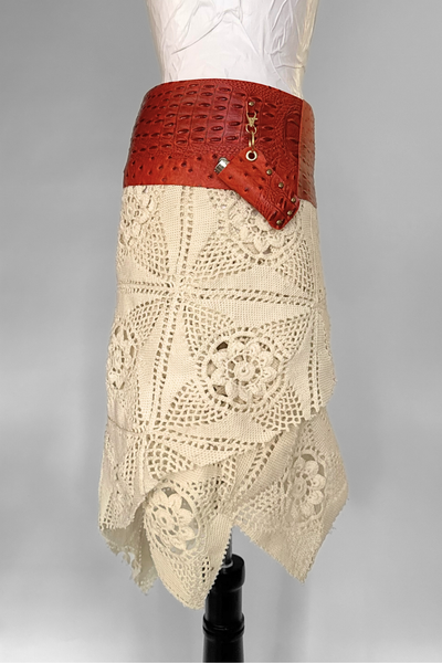 Load image into Gallery viewer, BELTED SKIRT — ORANGE CROC / ANTIQUE CROCHET