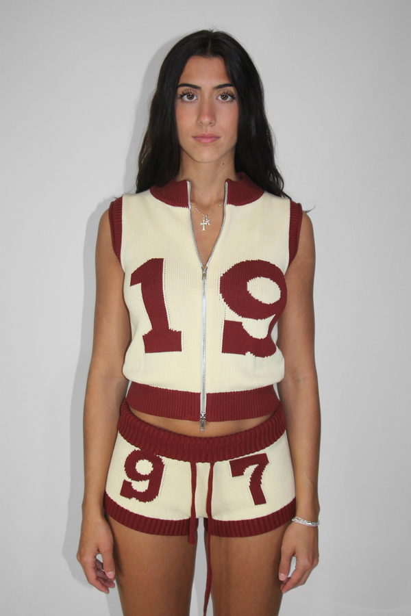 Knit Double Zip Vest in Butter Yellow/ Maroon