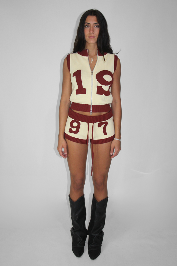 Knit Mini Shorts in Butter Yellow/ Maroon