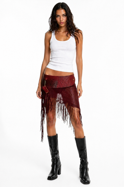 Load image into Gallery viewer, BELTED MINI — RED CROC / RED LACE FRINGE