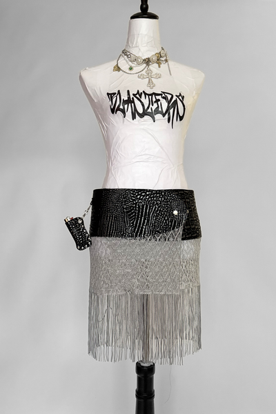 Load image into Gallery viewer, BELTED MINI — BLACK CROC / METALLIC FRINGE