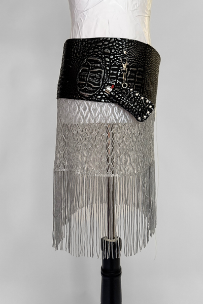 Load image into Gallery viewer, BELTED MINI — BLACK CROC / METALLIC FRINGE
