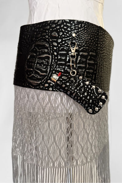 Load image into Gallery viewer, BELTED MINI — BLACK CROC / METALLIC FRINGE