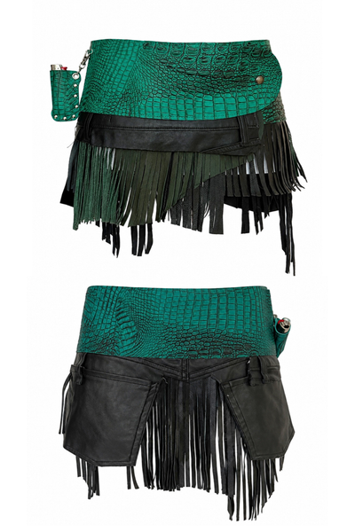 Load image into Gallery viewer, BELTED SKIRT — TEAL CROC / LEATHER FRINGE 02