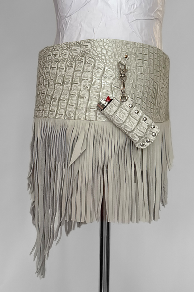 Load image into Gallery viewer, BELTED MINI — WHITE CROC / LEATHER FRINGE