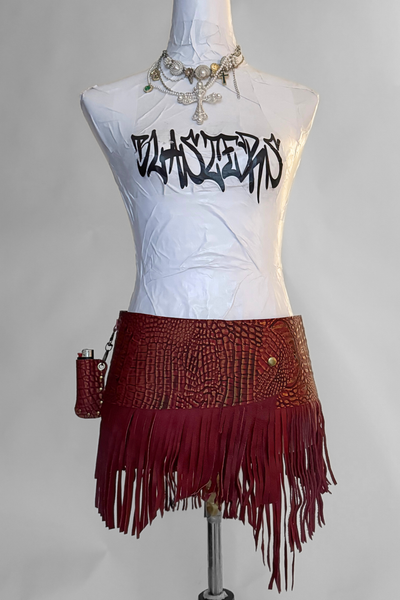 Load image into Gallery viewer, BELTED SKIRT — RED CROC / LEATHER FRINGE 02