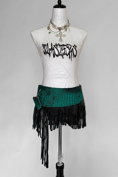 Load image into Gallery viewer, BELTED MINI — TEAL CROC / LEATHER FRINGE