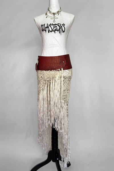 Load image into Gallery viewer, BELTED MINI — RED CROC / ANTIQUE FRINGE