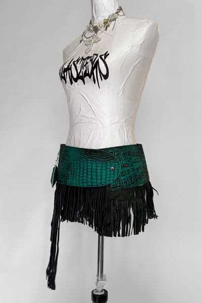 Load image into Gallery viewer, BELTED MINI — TEAL CROC / LEATHER FRINGE