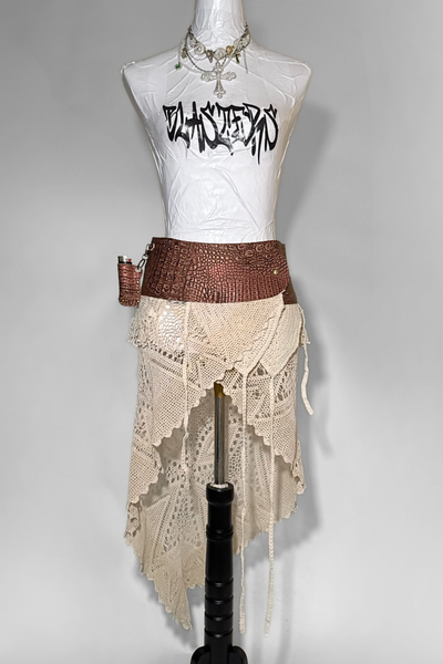 Load image into Gallery viewer, BELTED SKIRT — BRONZE CROC / ANTIQUE LAYERED CROCHET 01
