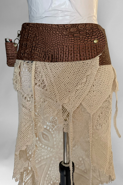Load image into Gallery viewer, BELTED SKIRT — BRONZE CROC / ANTIQUE LAYERED CROCHET 01
