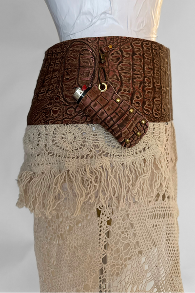 Load image into Gallery viewer, BELTED SKIRT — BRONZE CROC / ANTIQUE LAYERED CROCHET 01

