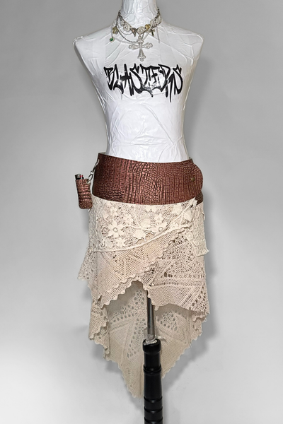 Load image into Gallery viewer, BELTED SKIRT — BRONZE CROC / ANTIQUE LAYERED CROCHET 02

