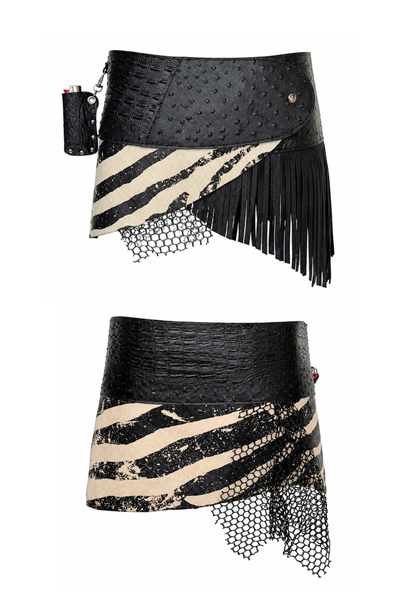 Load image into Gallery viewer, BELTED SKIRT — BLACK CROC / ZEBRA LEATHER
