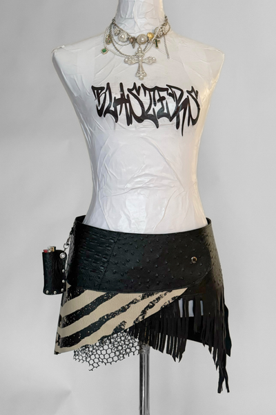 Load image into Gallery viewer, BELTED SKIRT — BLACK CROC / ZEBRA LEATHER
